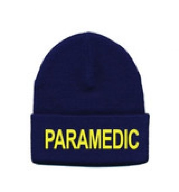 PARAMEDIC KNIT HAT - GOLD "PARAMEDIC" LETTERING ON ROYAL BLUE KNIT HAT.